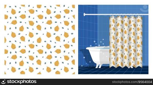 Bathroom interior with bathtub and curtain decorated seamless pattern with quince fruit whole and leaves. Exotic fruit party. Vector illustration, ornament for design of posters, printing on fabric