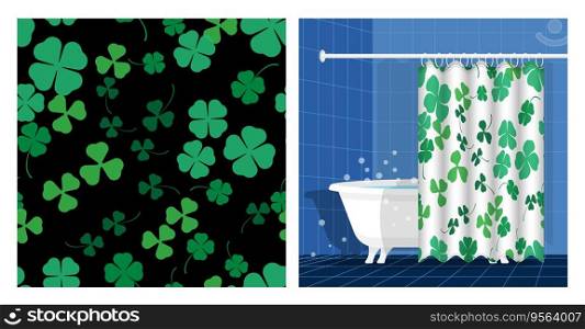 Bathroom interior with bathtub and curtain decorated three and four leaf clover seamless patterns. Clover leaf floral ornament. Vector illustration, ornament for design of posters, printing on fabric