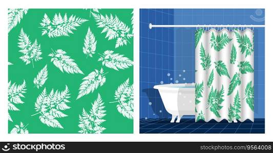 Bathroom interior with bathtub and curtain decorated wild field grass parsley with meadow herbarium grass seamless pattern. Vector illustration, ornament for design of posters, printing on fabric
