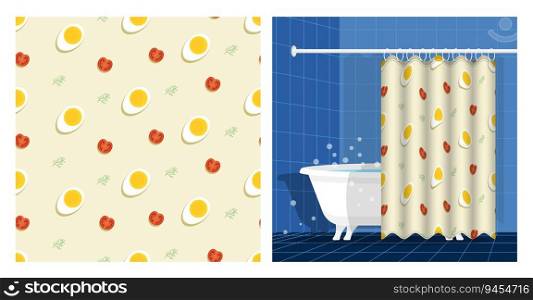 Bathroom interior with bathtub and curtain decorated with boiled egg, tomato and dill pattern. Healthy breakfast. Vector illustration, ornament for design of posters and printing on fabrics