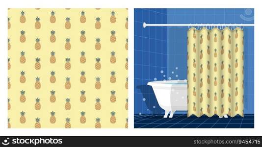 Bathroom interior with bathtub and curtain decorated with seamless pattern with juicy pineapple. Harvesting tropical fruits. Vector illustration, ornament for design of posters and printing on fabrics