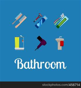 Bathroom items flat icon set on blue background. Vector illustration. Bathroom items flat icon set