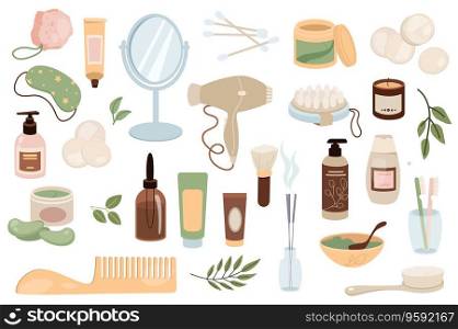 Bathroom items mega set graphic elements in flat design. Bundle of creams, mirror, cotton buds, cosmetics, sleep mask, lotion, hair dryer, massage brush, other. Vector illustration isolated objects. Bathroom Items Vector Set