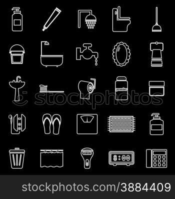 Bathroom line icons on black background, stock vector