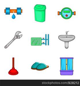 Bathroom repair service icon set. Cartoon set of 9 bathroom repair service vector icons for web design isolated on white background. Bathroom repair service icon set, cartoon style