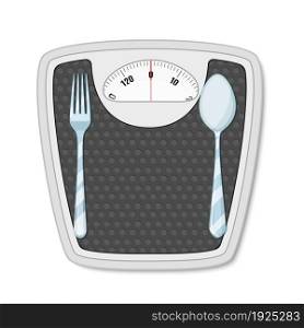 Bathroom scales with fork and spoon. concept of diet and overweight.. Bathroom scales with fork and spoon