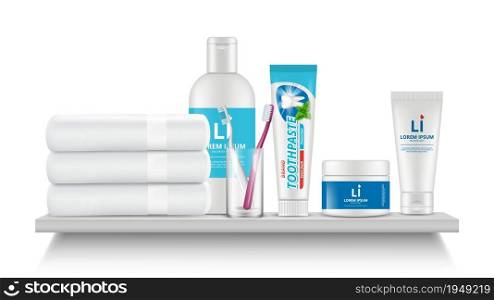 Bathroom shelf. Realistic white towel, cosmetic bottles toothpaste tube and tooth brushes in glass vector illustration. Toilet hygiene, bathtub interior with toothpaste tube. Bathroom shelf. Realistic white towel, cosmetic bottles toothpaste tube and tooth brushes in glass vector illustration