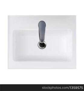 Bathroom Sink Ceramic Equipment Top View Vector. Classic House Restroom Sink Hygiene Tool With Metallic Faucet And Drain Hole. Interior Furniture Template Realistic 3d Illustration. Bathroom Sink Ceramic Equipment Top View Vector