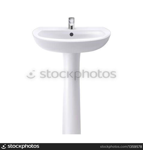 Bathroom Sink For Washing Hands And Face Vector. Standing On Pedestal Sink Ceramic Domestic Equipment With Faucet For Hygiene. Restroom Interior Furniture Template Realistic 3d Illustration. Bathroom Sink For Washing Hands And Face Vector