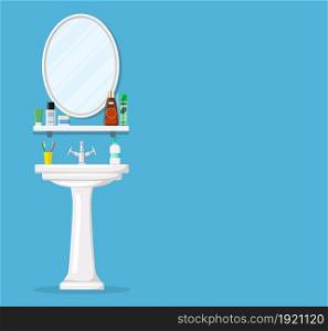 Bathroom sink with mirror, cosmetic bottles, jar of cream, liquid soap, toothpaste and toothbrush. Part of bathroom interior. Vector illustration in flat style. Bathroom sink with mirror,