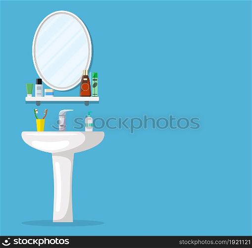 Bathroom sink with mirror, cosmetic bottles, jar of cream, liquid soap, toothpaste and toothbrush. Part of bathroom interior. Vector illustration in flat style. Bathroom sink with mirror,