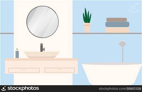 Bathroom with mirror with pastel colors.  Flat vector illustration.