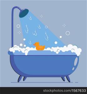 Bathtime vector illustration with bathtub and yellow rubber duck. Bubble water foam in bath and toy. Cartoon flat illustration on blue background. Bathtime vector illustration with bathtub and yellow rubber duck. Bubble water foam in bath and toy. Cartoon flat illustration