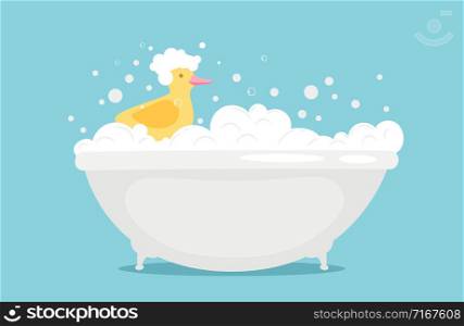 Bathtime vector illustration with soap foam and yellow rubber duck. Bath with foam and toy duck, bubble water foam. Bathtime vector illustration with soap foam and yellow rubber duck