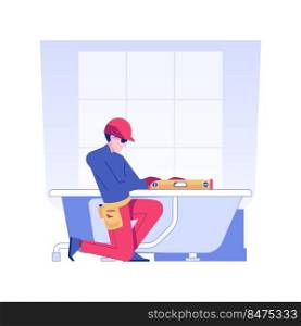Bathtub and shower installation isolated concept vector illustration. Plumber deals with bathtub installation, residential construction service, rough interior works vector concept.. Bathtub and shower installation isolated concept vector illustration.