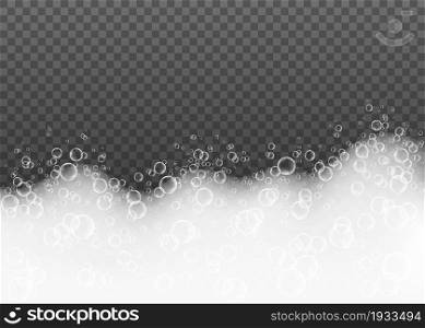 Bathtub foam isolated on transparent background. Shampoo bubbles texture. Vector soap suds effect.