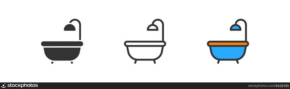 Bathtub icon on light background. Shower symbol. Bath, bathroom, soap, hygiene. Outline, flat and colored style. Flat design. Vector illustration. Bathtub icon on light background. Shower symbol. Bath, bathroom, soap, hygiene. Outline, flat and colored style. Flat design. 