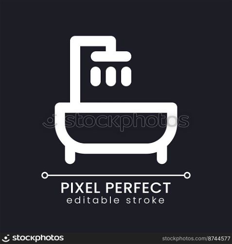 Bathtub pixel perfect white linear ui icon for dark theme. Bathroom. Shower and tub. Hygiene. Vector line pictogram. Isolated user interface symbol for night mode. Editable stroke. Poppins font used. Bathtub pixel perfect white linear ui icon for dark theme