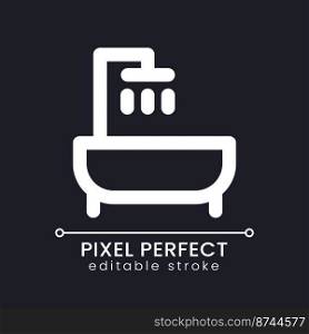 Bathtub pixel perfect white linear ui icon for dark theme. Bathroom. Shower and tub. Hygiene. Vector line pictogram. Isolated user interface symbol for night mode. Editable stroke. Poppins font used. Bathtub pixel perfect white linear ui icon for dark theme