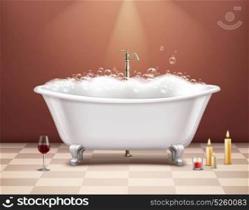 Bathtub With Foam Composition. Realistic white bathtub with foam composition romantic atmosphere with a glass of wine and candles vector illustration