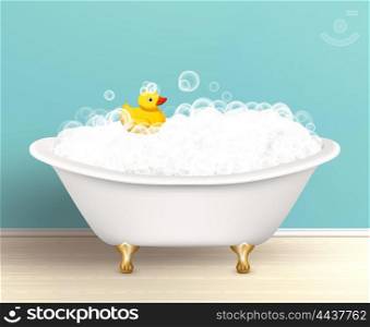 Bathtub With Foam Poster. Bathtub cast a shadow on bathroom poster with foam and yellow rubber duck colored vector illustration