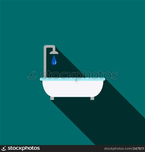 Bathtub with shower icon in flat style on a turquoise background. Bathtub with shower icon, flat style