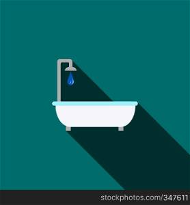 Bathtub with shower icon in flat style on a turquoise background. Bathtub with shower icon, flat style