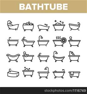 Bathtube And Shower Collection Icons Set Vector Thin Line. Bathtube In Different Form, With Human And Full Soap Bubbles, Faucet And Towel Concept Linear Pictograms. Monochrome Contour Illustrations. Bathtube And Shower Collection Icons Set Vector