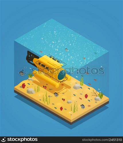 Bathyscaphe deep sea exploration submergence vehicle on sandy ocean bottom with seaweeds isometric composition vector illustration . Bathyscaphe Underwater Equipment Vector Illustration