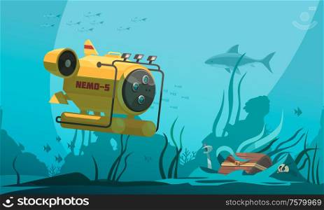 Bathyscaphe diving cabin approaches treasure chest on bottom surrounded by fish and seaweeds underwater background vector illustration