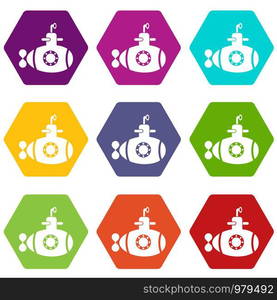 Bathyscaphe with hatch icons 9 set coloful isolated on white for web. Bathyscaphe with hatch icons set 9 vector