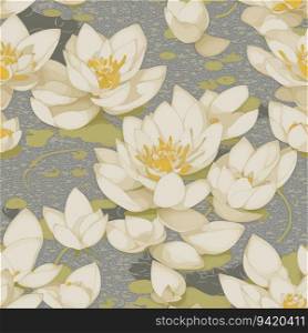 Batik Blossoms  Vibrant Color Palette in Seamless Lotus Lily Pond Pattern with Gold Outlines