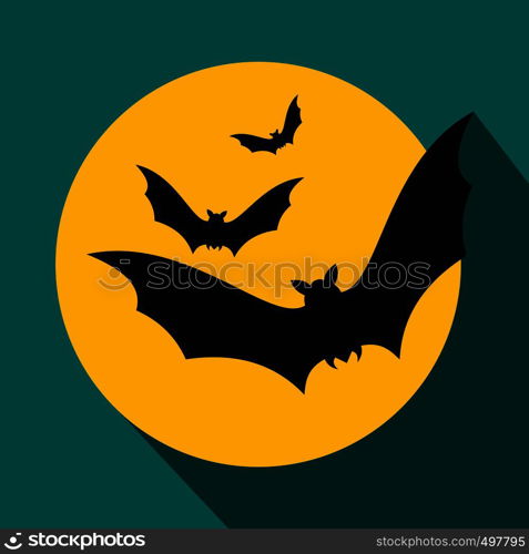 Bats fly to the moon flat icon with shadow for web and mobile devices. Bats fly to the moon flat icon