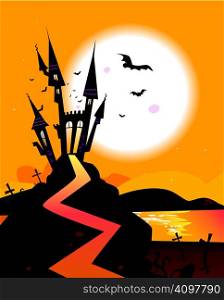 Bats over spooky Castle. Vector Illustration.