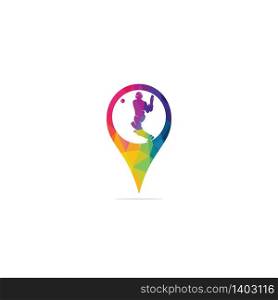 Batsman playing cricket map pin shape concept logo. Cricket competition logo..
