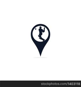 Batsman playing cricket map pin shape concept logo. Cricket competition logo..