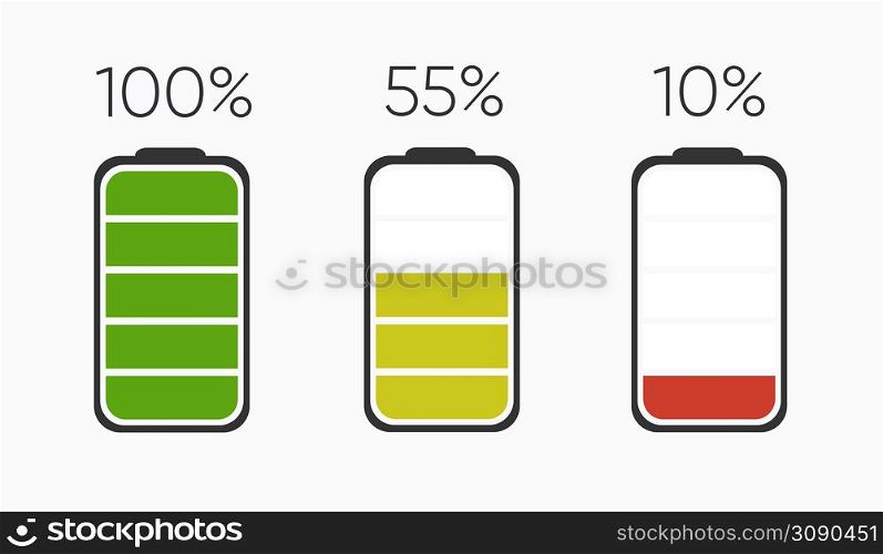 Batteries charging icon. Electricity symbol - energy sign. Power Battery illustration. Set of low and full status.. Batteries charging icon. Electricity symbol - energy sign. Power Battery illustration.