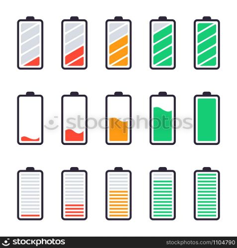 Batteries full charge. Energy indicators, charge levels and accumulator energy full and empty status and smartphone power level UI design elements vector isolated icons set. Low and high load status. Batteries full charge. Energy indicators, charge levels and accumulator energy full and empty status and smartphone power level UI design elements vector isolated icons set. Device battery collection