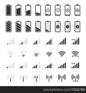 Battery and connection icons. Smartphone charge level, wifi and gsm signal strength, battery energy full and empty status UI elements vector isolated icons set. Mobile interface symbols. Battery and connection icons. Smartphone charge level, wifi and gsm signal strength, battery energy full and empty status UI elements vector isolated icons set. Internet access point icon collection