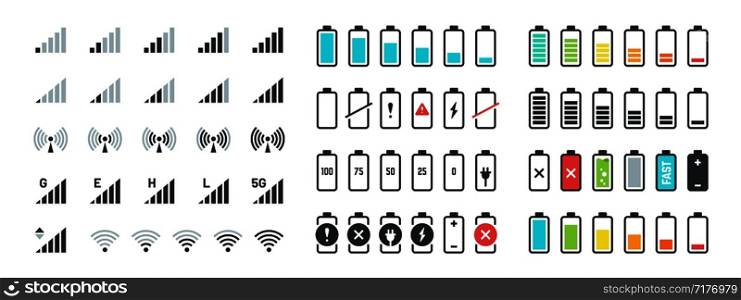 Battery and signal icons. Line and black phone charge status, gsm and wifi signal strength, smartphone UI symbols. Vector illustration indicators for technology gadgets. Battery and signal icons. Line and black phone charge status, gsm and wifi signal strength, smartphone UI symbols. Vector indicators