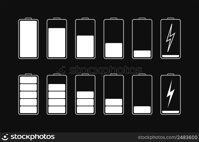Battery charge icons isolated on black background. Full or low phone battery charge. Symbol of charger. Power of mobile lithium accumulator. Indicator of energy in smartphone. Vector.