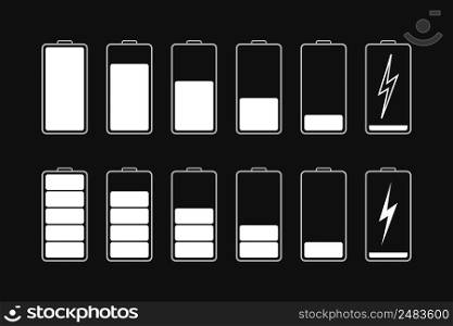 Battery charge icons isolated on black background. Full or low phone battery charge. Symbol of charger. Power of mobile lithium accumulator. Indicator of energy in smartphone. Vector.