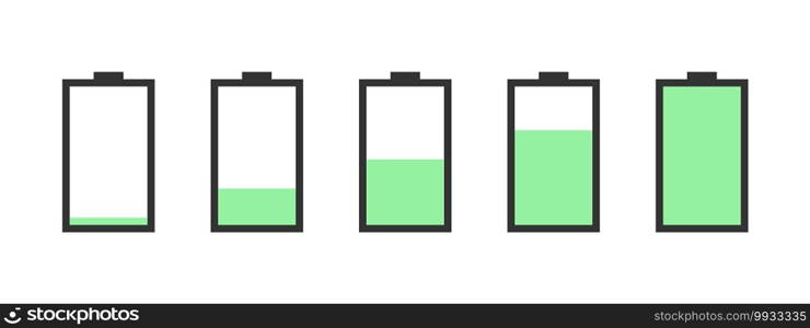 Battery charge indicator icons. Battery vector icon set with charge level indicators. Vector illustration