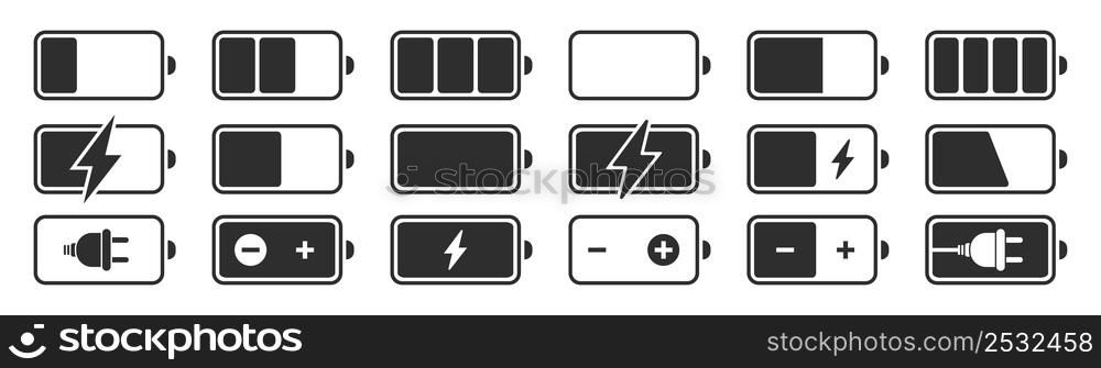 Battery charge level indicators icons set. Discharged and fully charged battery smartphone. Vector Illustration eps10.. Battery charge level indicators icons set. Discharged and fully charged battery smartphone.