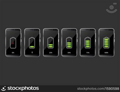 Battery charge state indicator icons. Set with different levels of charge phone&rsquo;s battery. Vector illustration.. Vector illustration. Battery charge state indicator icons. Set with different levels of charge phone&rsquo;s battery.