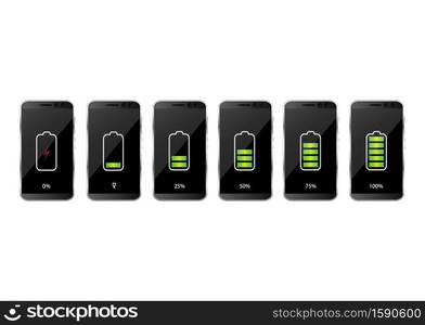 Battery charge state indicator icons. Set with different levels of charge phone&rsquo;s battery. Vector illustration.. Vector illustration. Battery charge state indicator icons. Set with different levels of charge phone&rsquo;s battery.