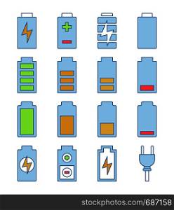 Battery charging color icons set. Battery level indicators. Low, middle and high charge. Isolated vector illustrations. Battery charging color icons set