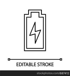 Battery charging linear icon. Thin line illustration. Battery level indicator. Charge completed. Contour symbol. Vector isolated outline drawing. Editable stroke. Battery charging linear icon