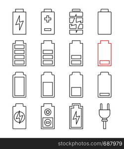 Battery charging linear icons set. Battery level indicators. Low, middle and high charge. Thin line contour symbols. Isolated vector outline illustrations. Editable stroke. Battery charging linear icons set