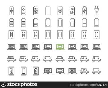 Battery charging linear icons set. Smartphone, laptop and electric car charge. Battery level indicator. Thin line contour symbols. Isolated vector outline illustrations. Editable stroke. Battery charging linear icons set